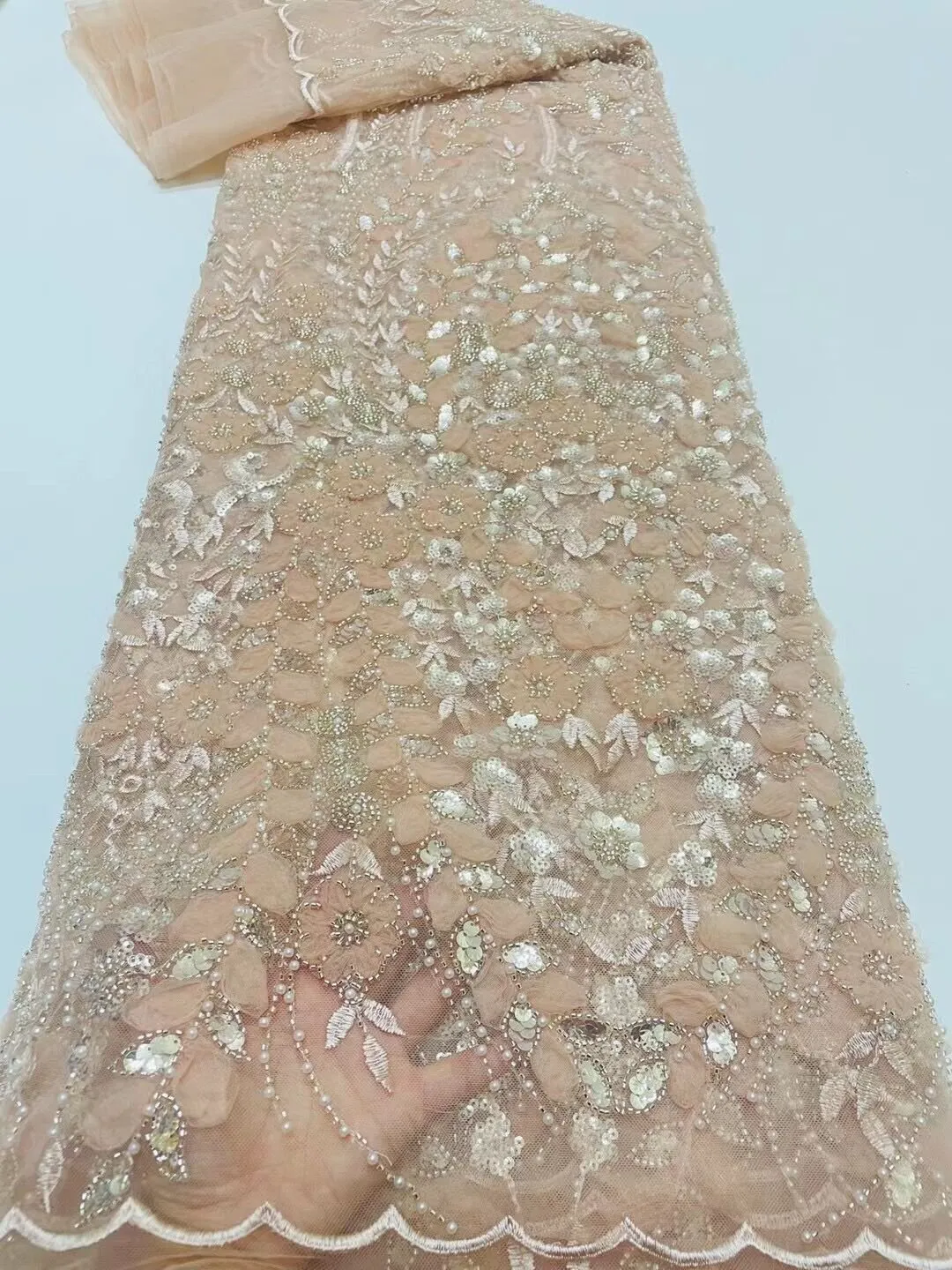 5 YARDS / 14 COLORS / Lyvia Cute Floral Beaded Glitter Embroidery Mesh Lace  Party Prom Bridal Dress Fabric