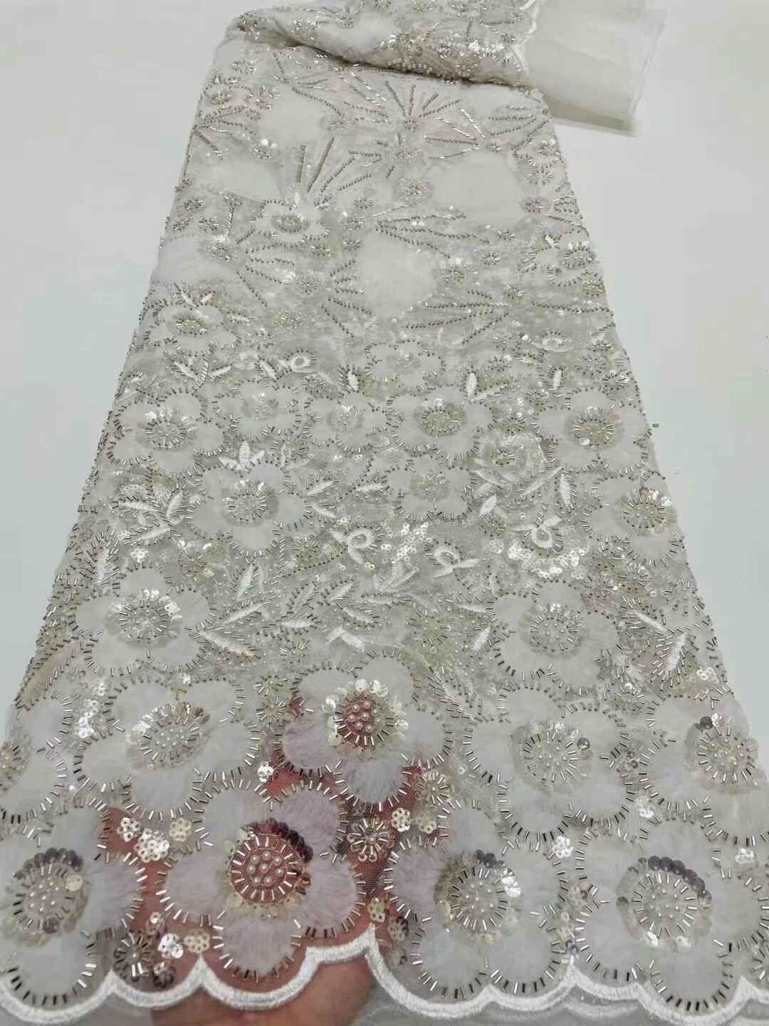 5 YARDS / 14 COLORS / Lyvia Cute Floral Beaded Glitter Embroidery Mesh Lace  Party Prom Bridal Dress Fabric