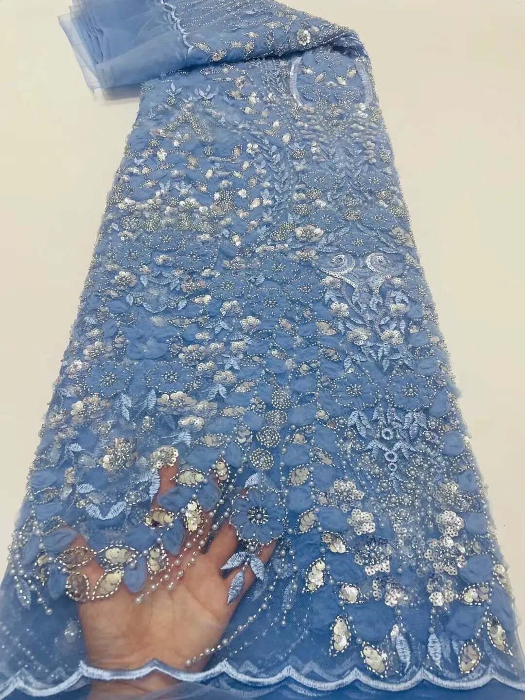 5 YARDS / 14 COLORS / Lyvia Cute Floral Beaded Glitter Embroidery Mesh Lace  Party Prom Bridal Dress Fabric