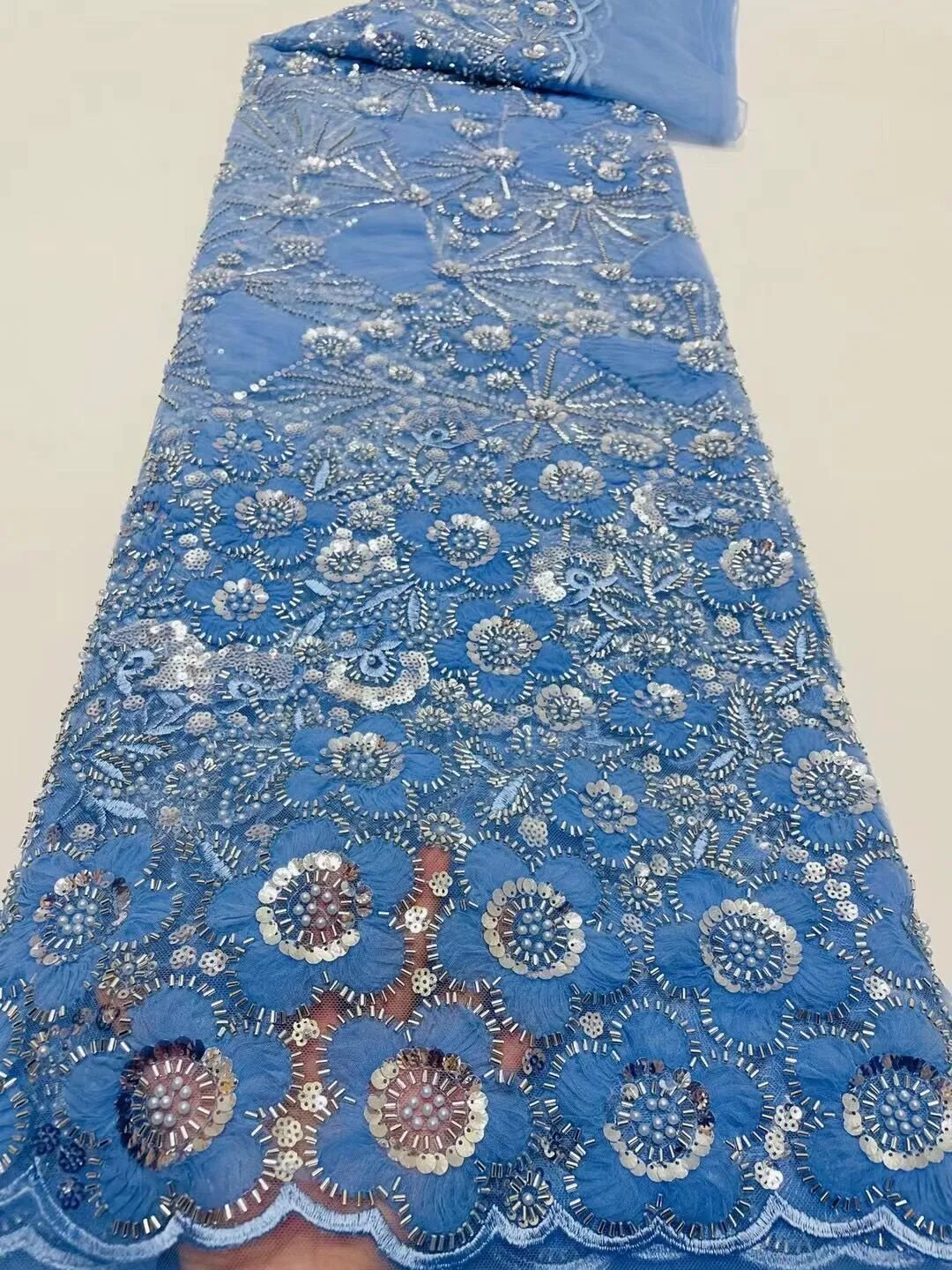 5 YARDS / 14 COLORS / Lyvia Cute Floral Beaded Glitter Embroidery Mesh Lace  Party Prom Bridal Dress Fabric