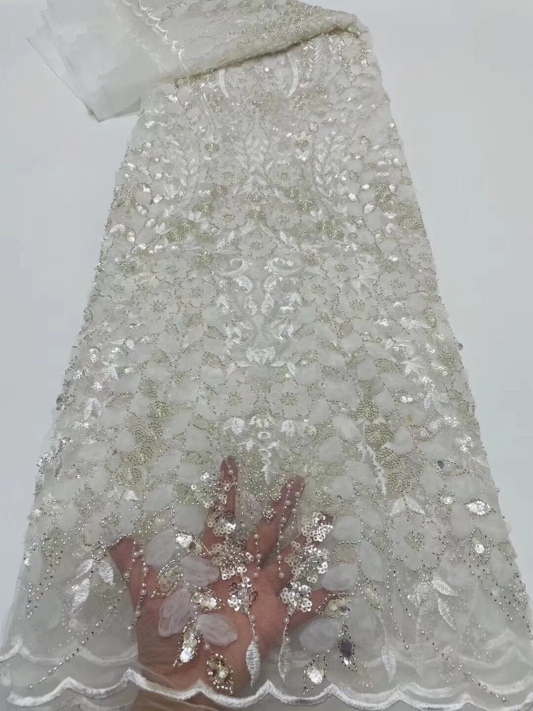 5 YARDS / 14 COLORS / Lyvia Cute Floral Beaded Glitter Embroidery Mesh Lace  Party Prom Bridal Dress Fabric