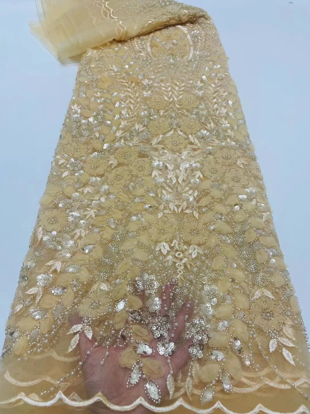 5 YARDS / 14 COLORS / Lyvia Cute Floral Beaded Glitter Embroidery Mesh Lace  Party Prom Bridal Dress Fabric
