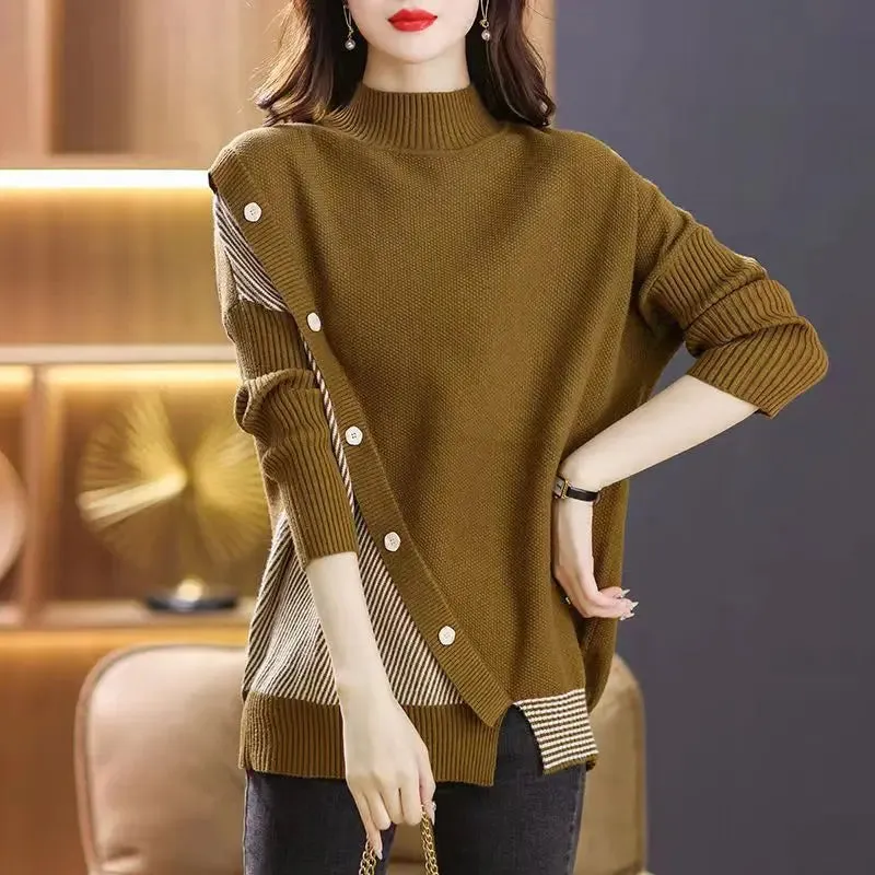 Asymmetrical Button Design Women Turtleneck Sweaters - Ailime Designs