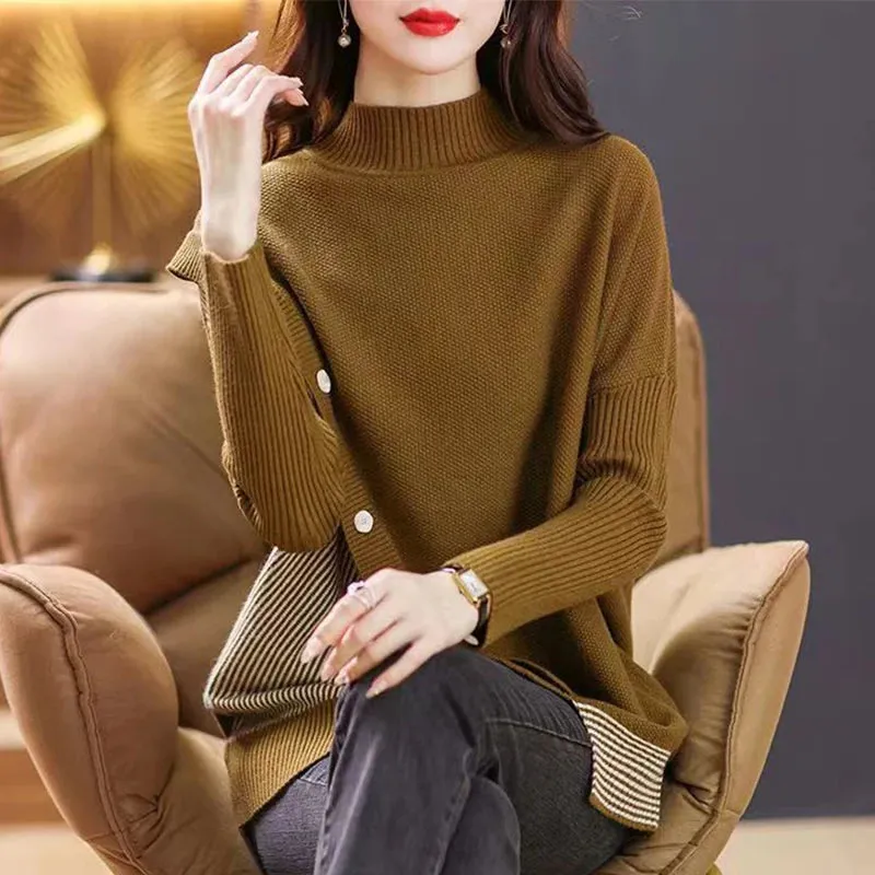 Asymmetrical Button Design Women Turtleneck Sweaters - Ailime Designs