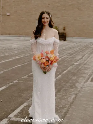 Beading Sequined Tulle Off The Shoulder Long Sleeves Column Sparkly Wedding Dresses, CW0370