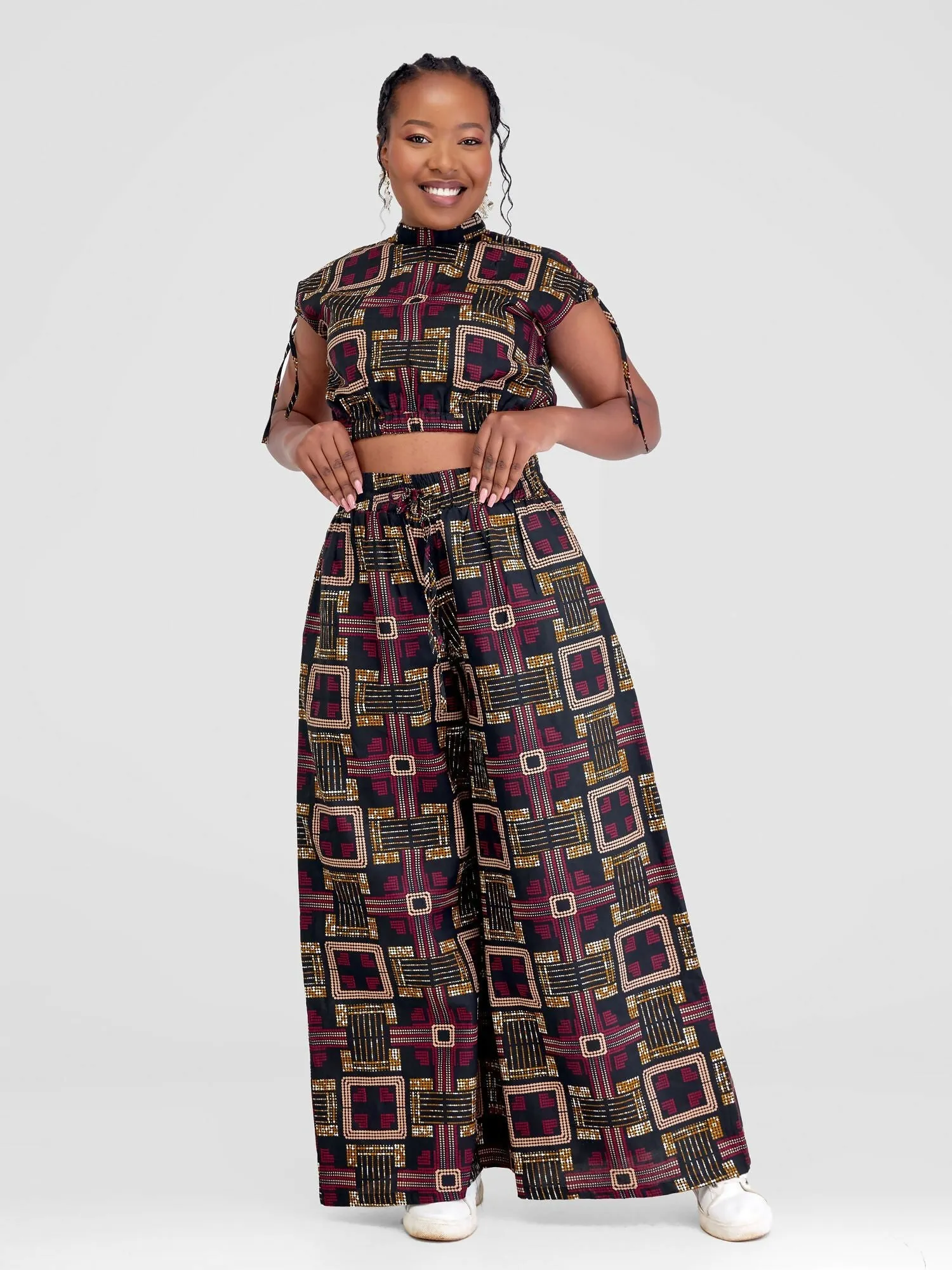 Beqss Tess Wide Leg Pants Set - Red / Navy Blue Print
