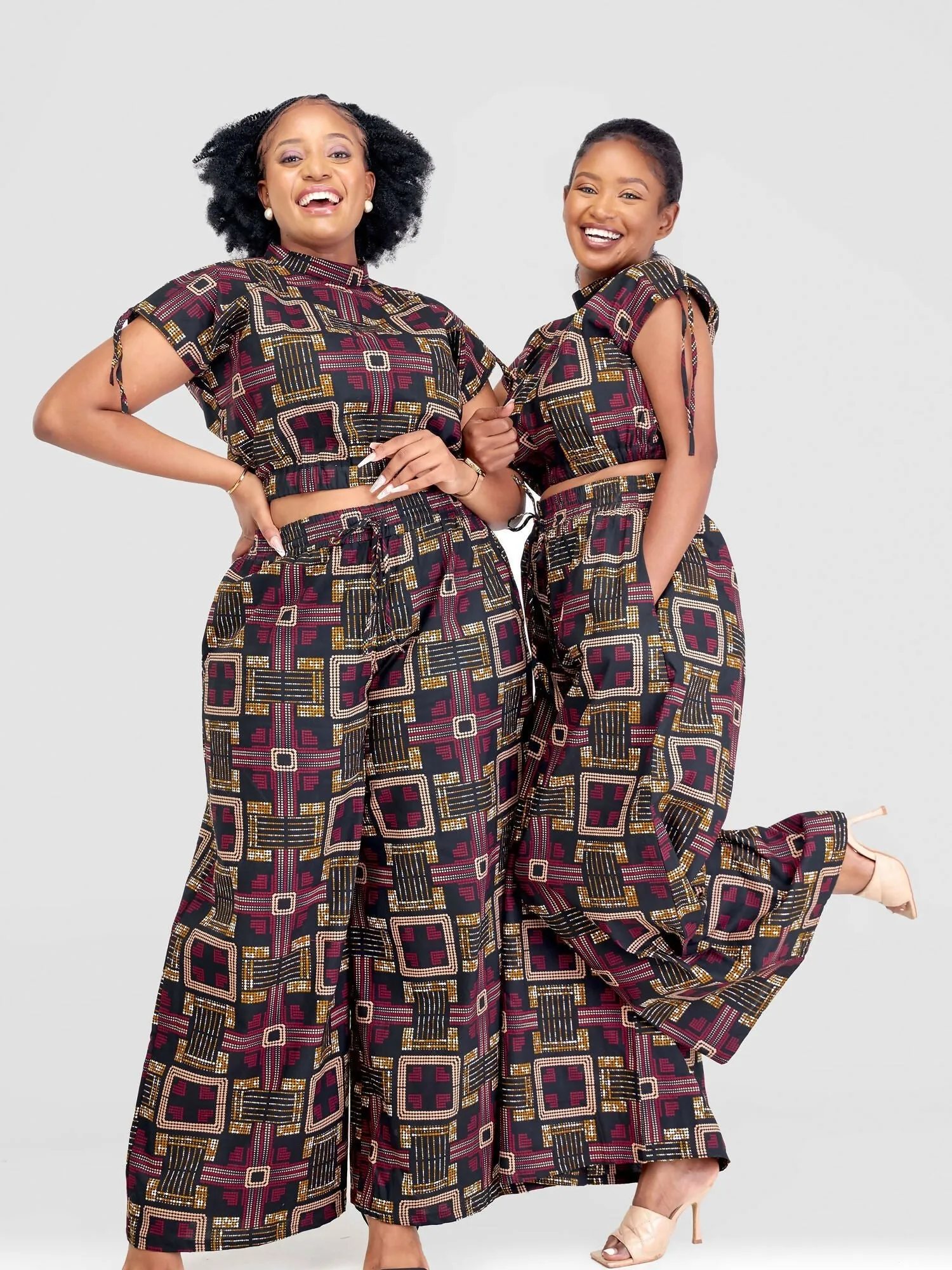 Beqss Tess Wide Leg Pants Set - Red / Navy Blue Print