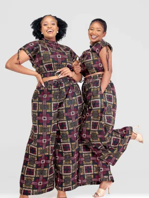 Beqss Tess Wide Leg Pants Set - Red / Navy Blue Print