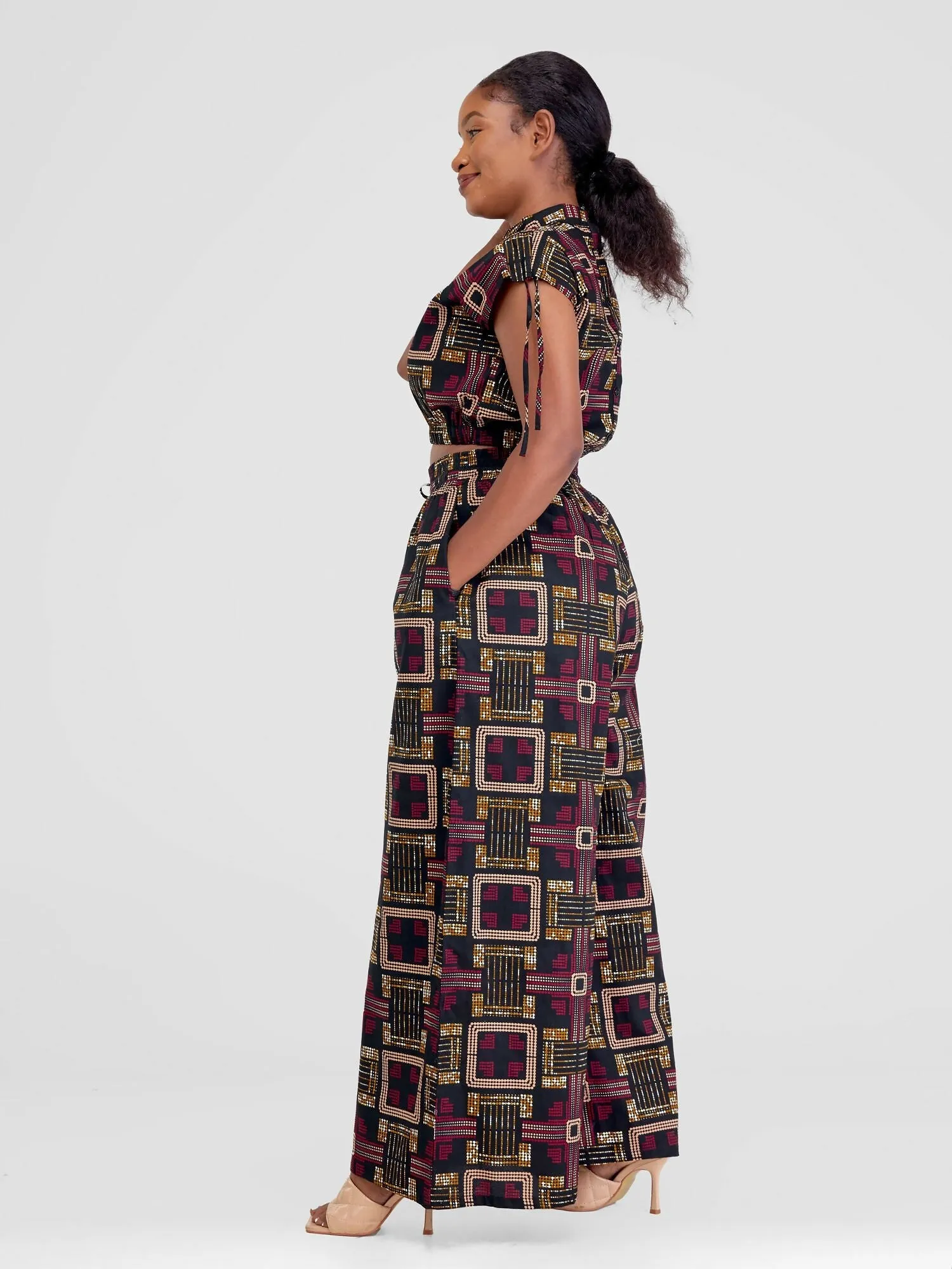 Beqss Tess Wide Leg Pants Set - Red / Navy Blue Print