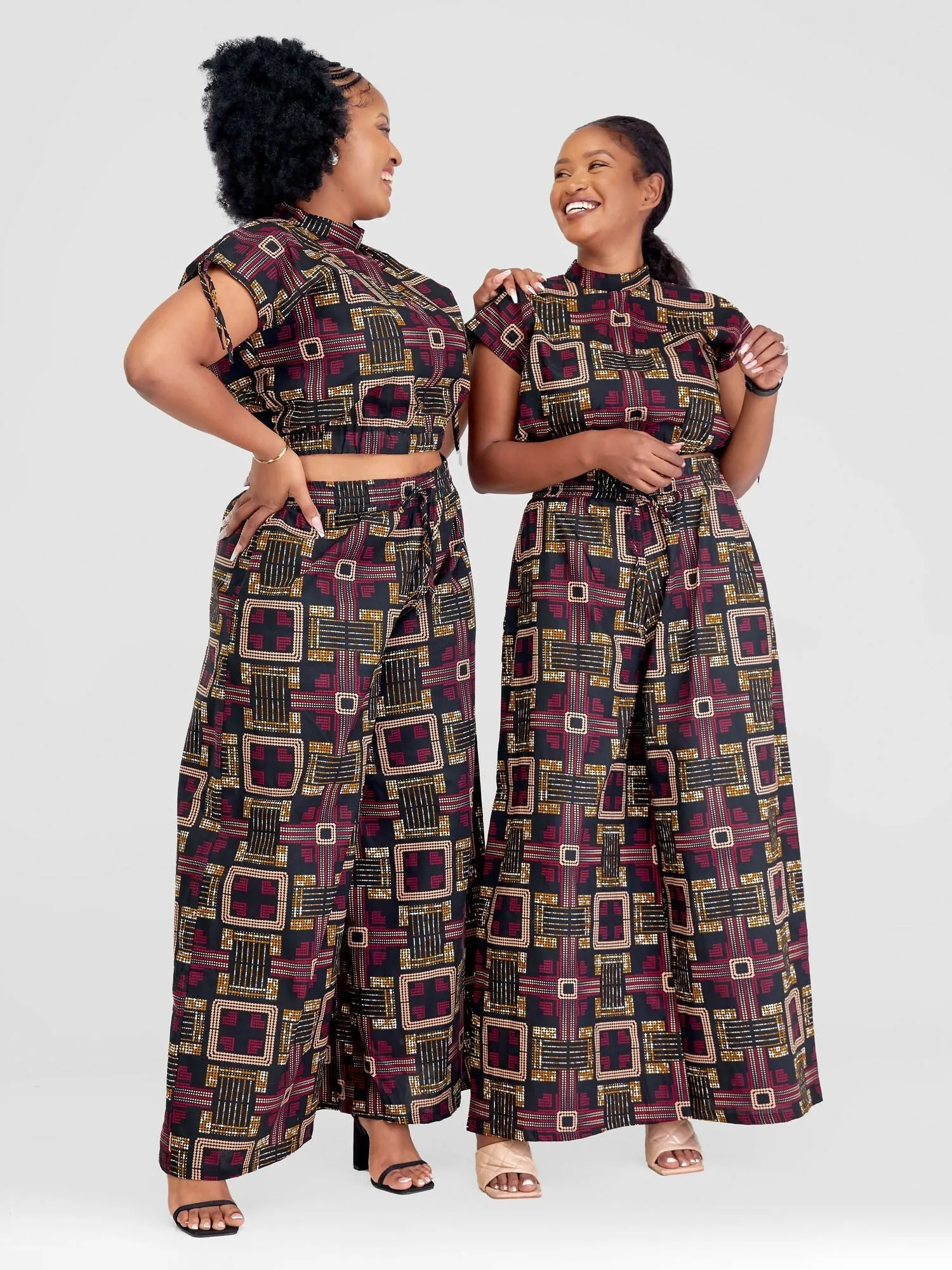 Beqss Tess Wide Leg Pants Set - Red / Navy Blue Print