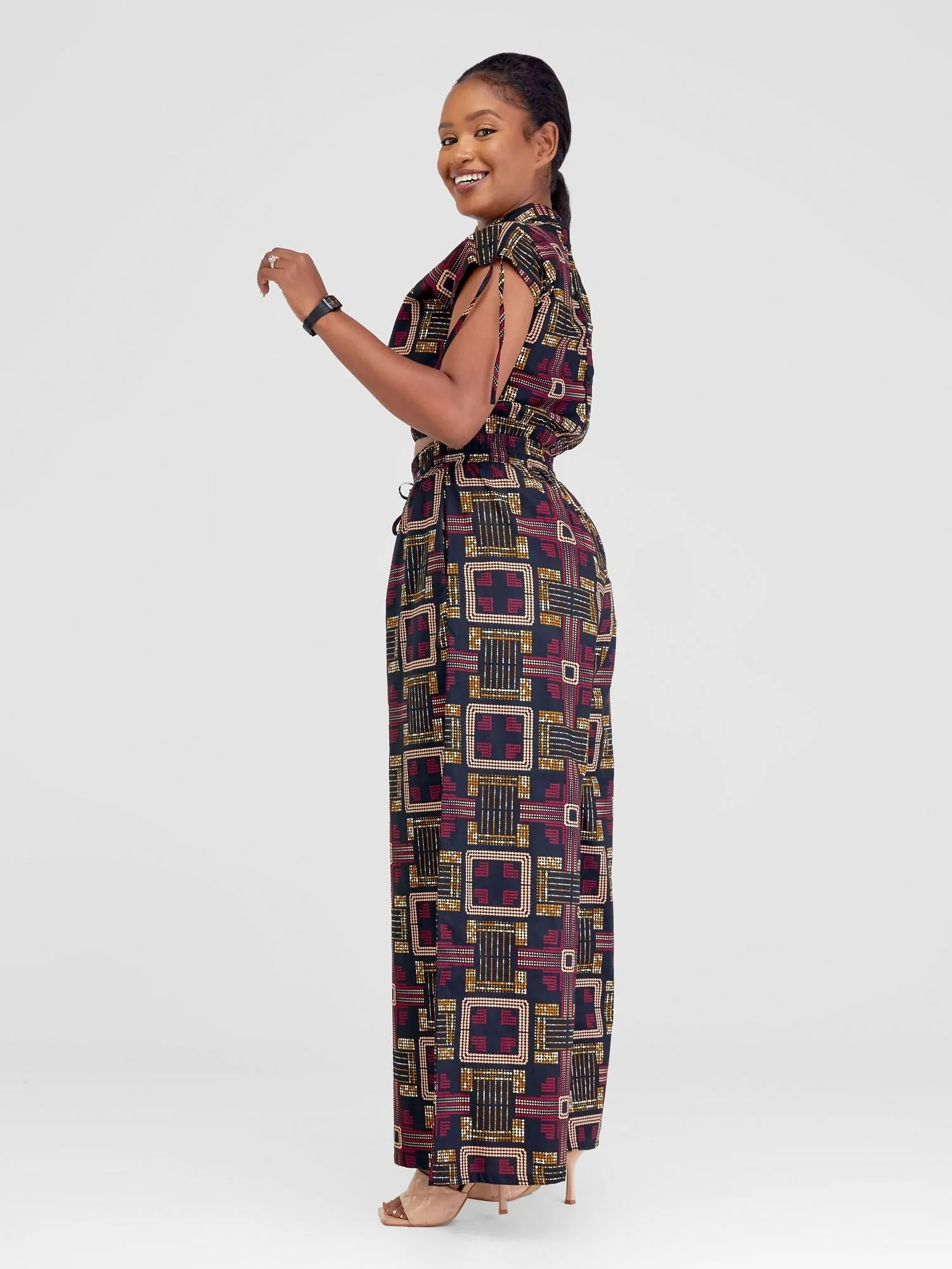 Beqss Tess Wide Leg Pants Set - Red / Navy Blue Print