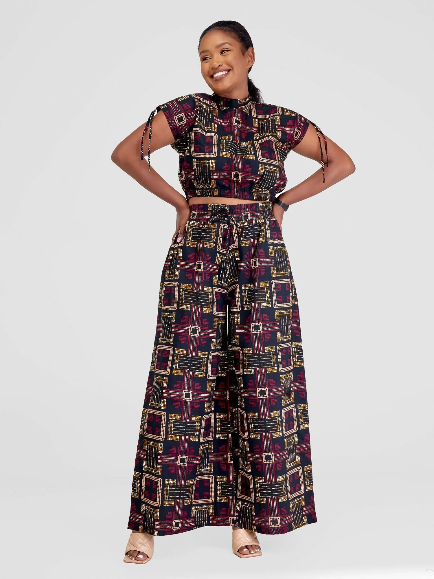 Beqss Tess Wide Leg Pants Set - Red / Navy Blue Print