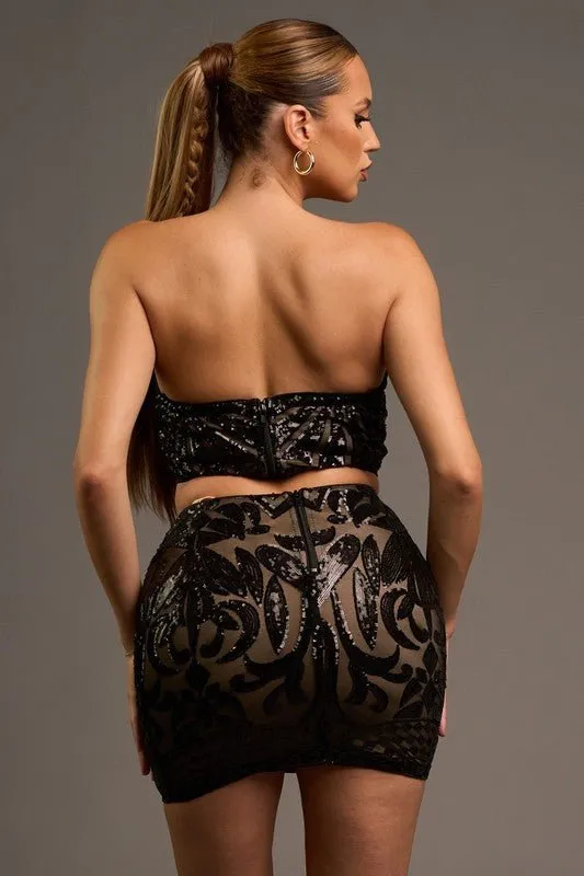 Black Glam Sequins Tube Crop Mini Skirt Set