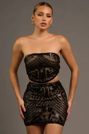 Black Glam Sequins Tube Crop Mini Skirt Set