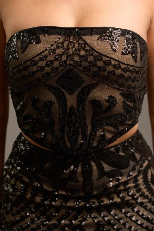 Black Glam Sequins Tube Crop Mini Skirt Set