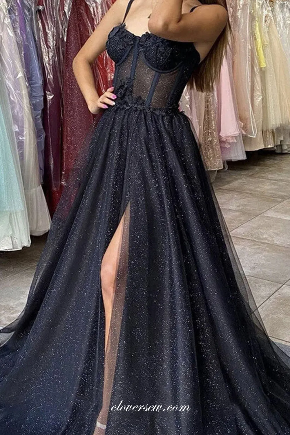 Black Glitter Tulle Applique Sparkly Prom Dresses, CP0814