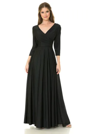 Black Sleeve Wrap Pleated Flare Pockets Formal Dress