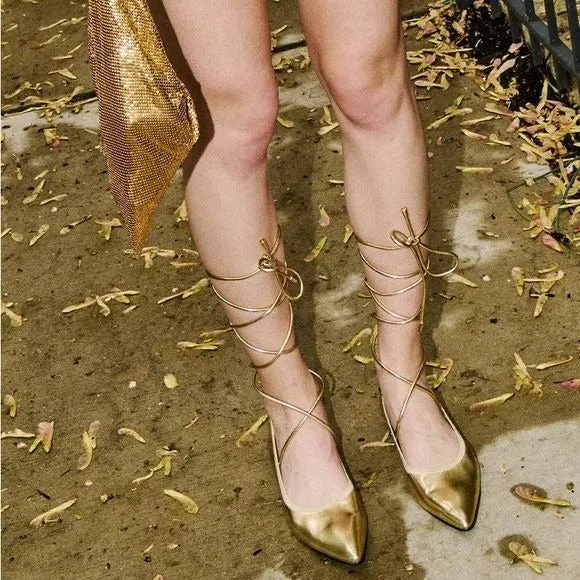 Callie Lives Elaine Gold Wrap & Lace Up AZALEA WANG GOLD BALLET FLAT 8