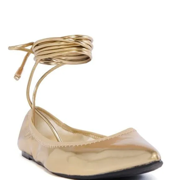 Callie Lives Elaine Gold Wrap & Lace Up AZALEA WANG GOLD BALLET FLAT 8