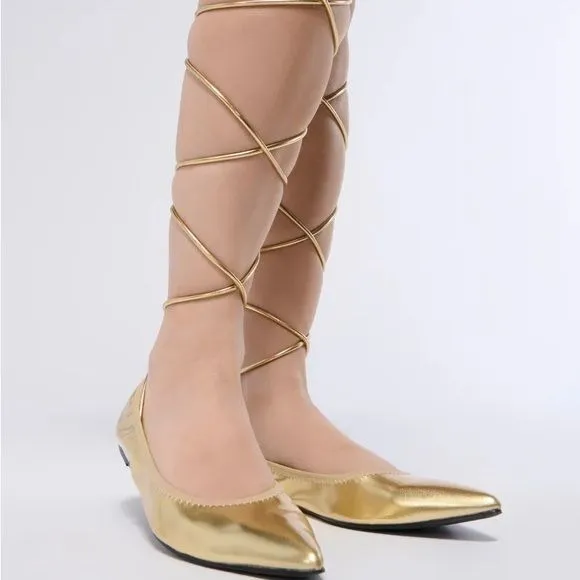 Callie Lives Elaine Gold Wrap & Lace Up AZALEA WANG GOLD BALLET FLAT 8