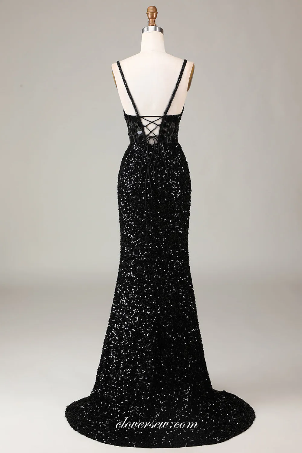 Dark Green Sparkly Rhinestone Sequin Spagehtti Strap V-neck Sheath Slit Prom Dresses, CP1082