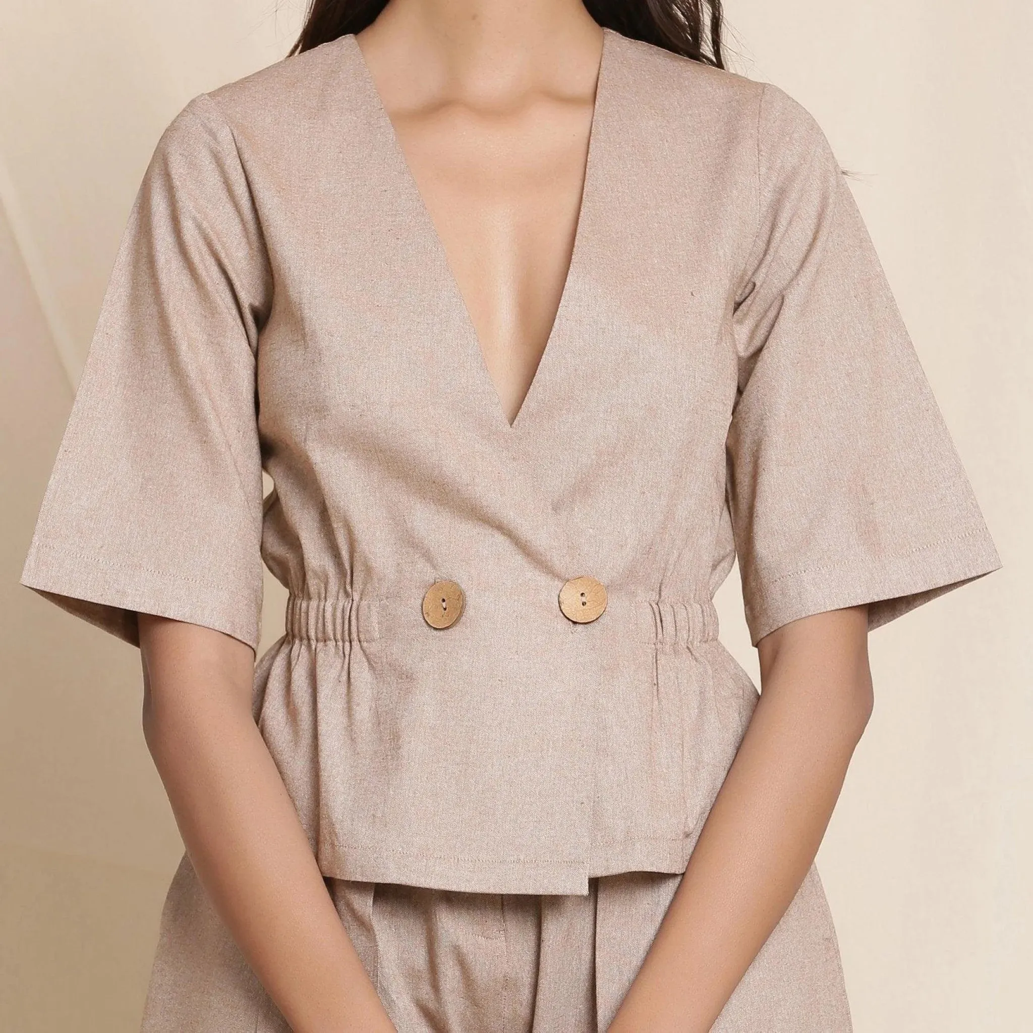 Dusk Beige Yarn Dyed Cotton Deep Neck Wrap Top
