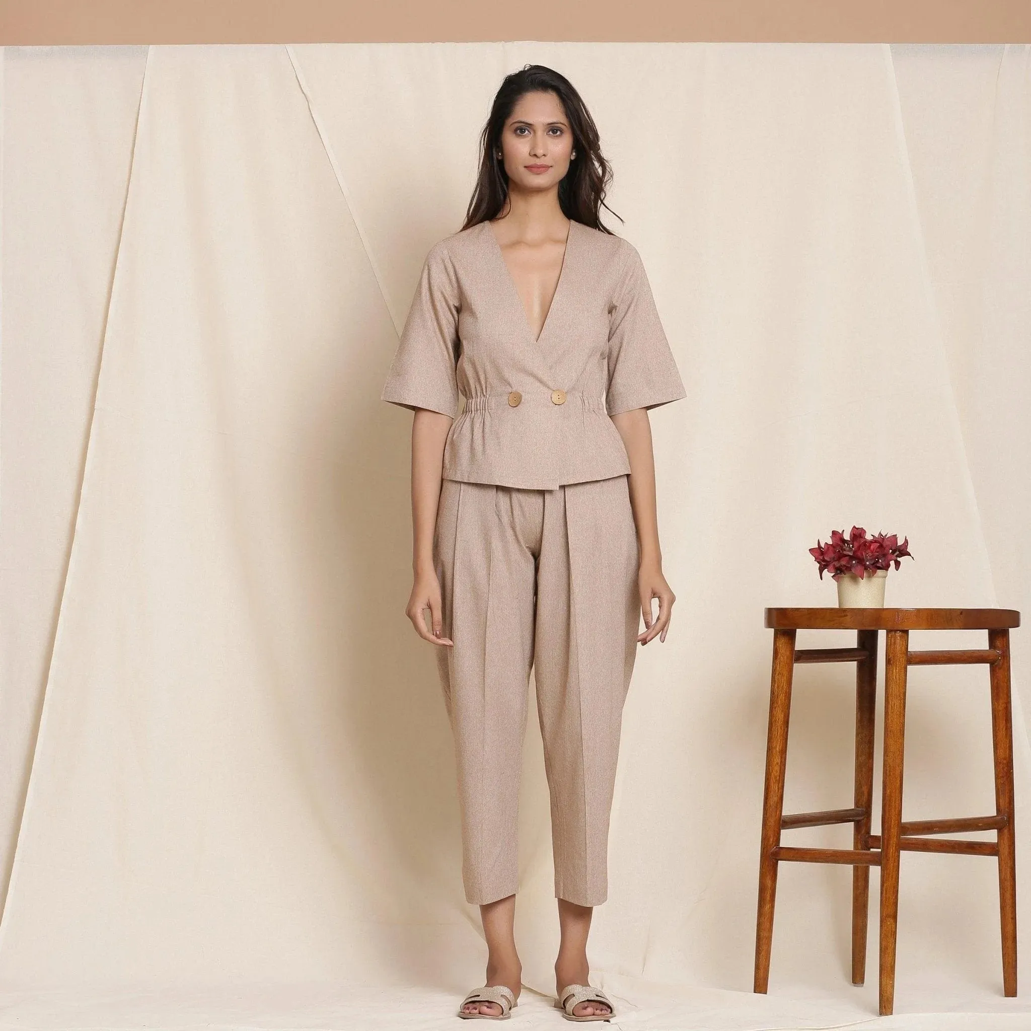 Dusk Beige Yarn Dyed Cotton Deep Neck Wrap Top