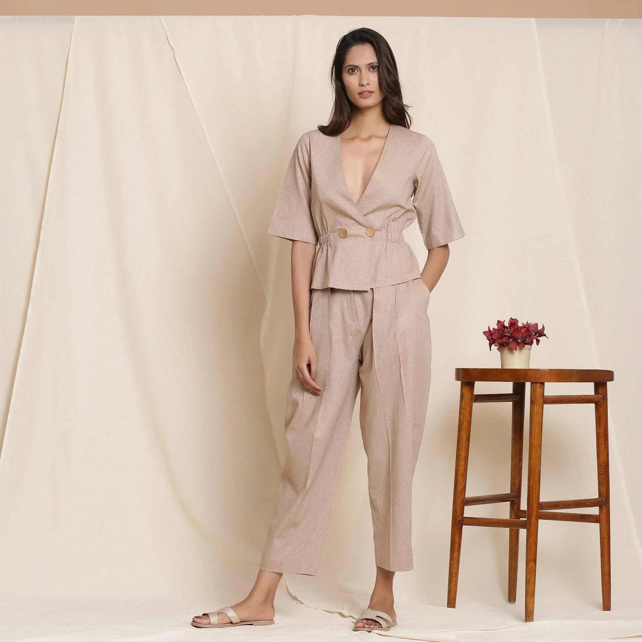 Dusk Beige Yarn Dyed Cotton Deep Neck Wrap Top