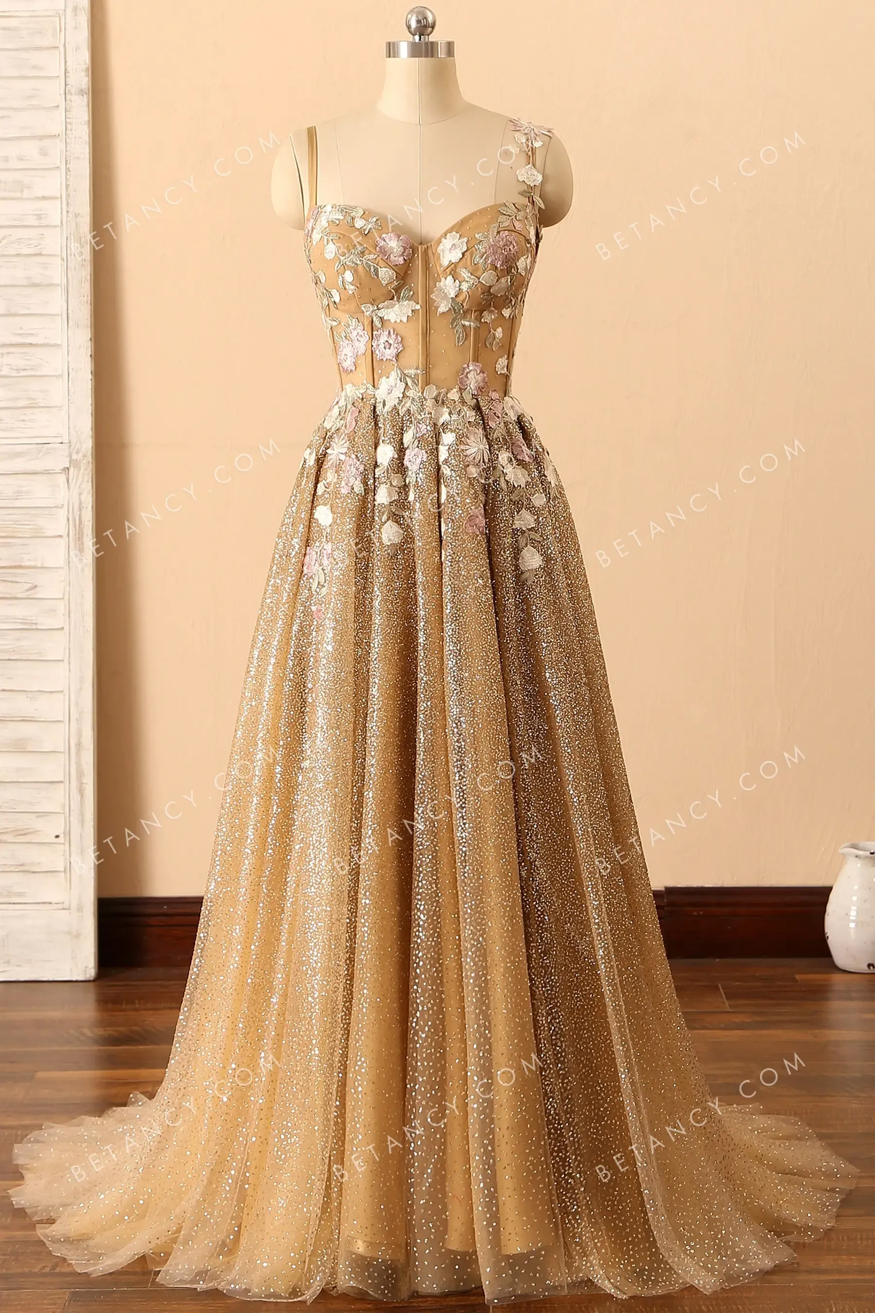 Fairy Flowers Corset Bodice Shiny Glitter Prom Dress