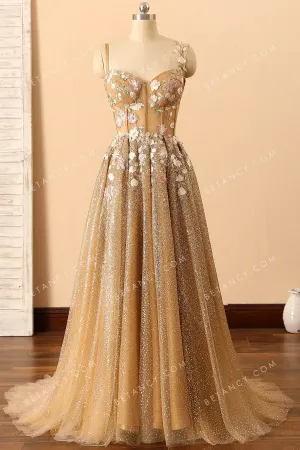 Fairy Flowers Corset Bodice Shiny Glitter Prom Dress