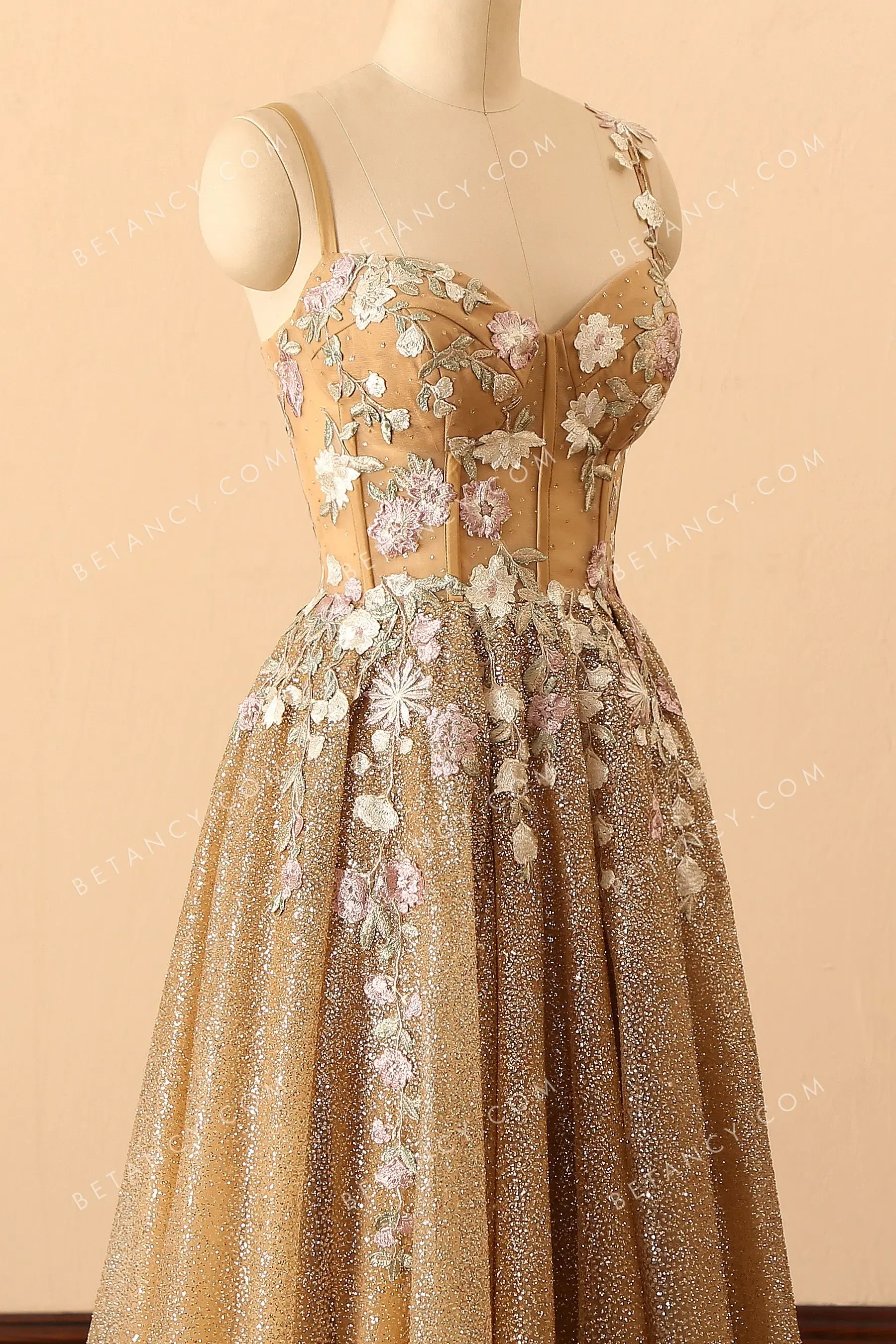 Fairy Flowers Corset Bodice Shiny Glitter Prom Dress