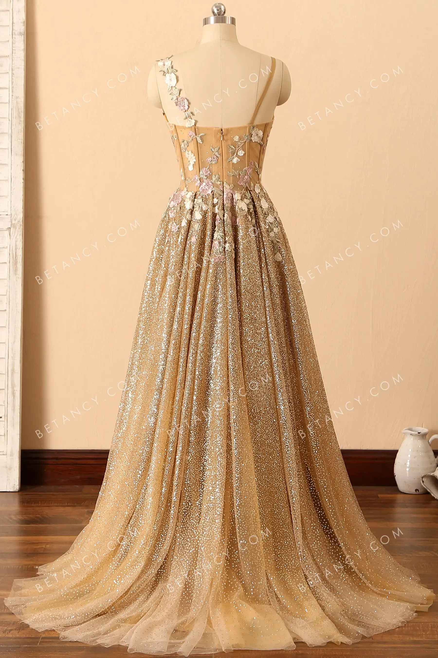 Fairy Flowers Corset Bodice Shiny Glitter Prom Dress