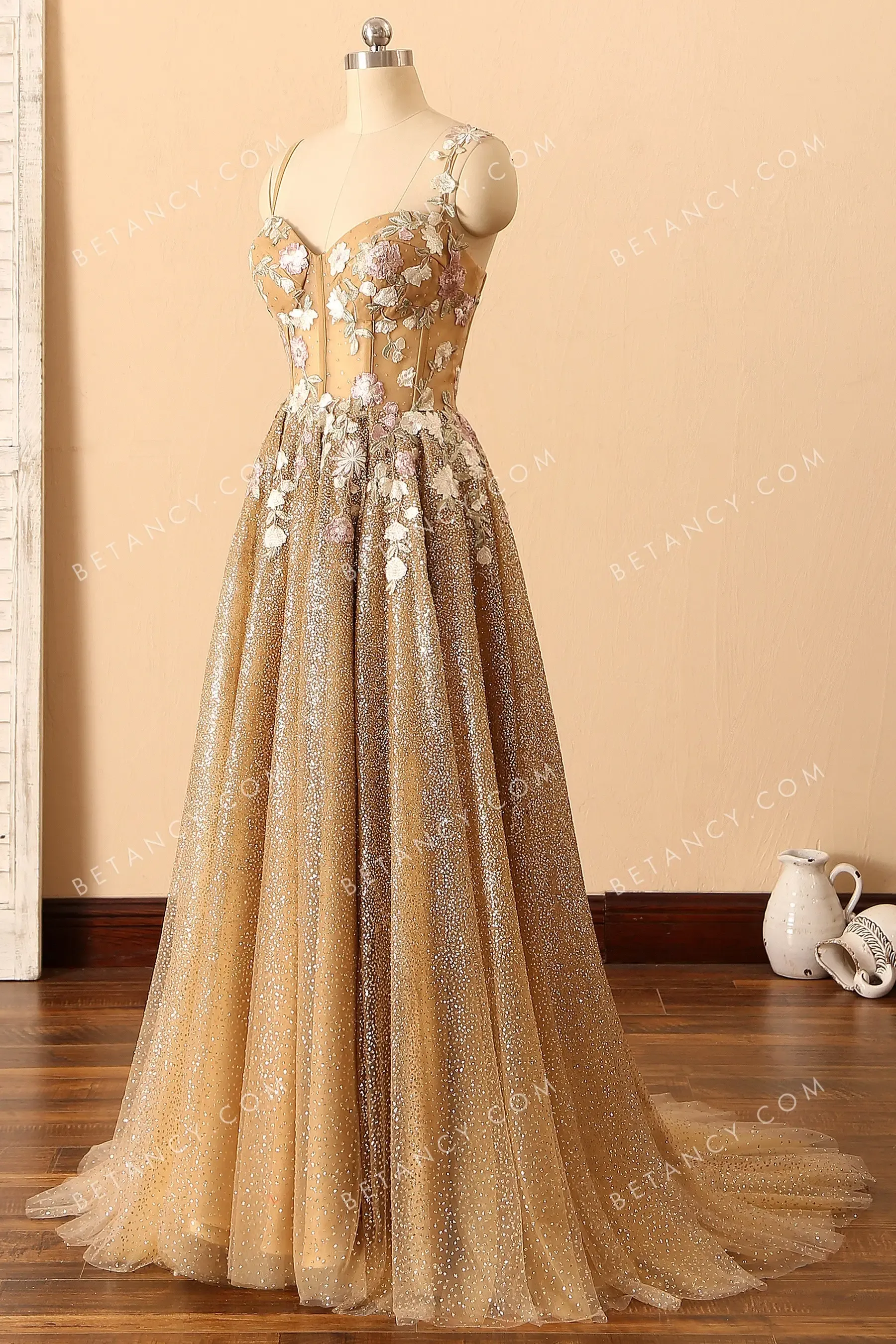 Fairy Flowers Corset Bodice Shiny Glitter Prom Dress