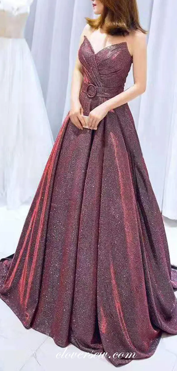 Fashion Shiny Satin Maroon Strapless A-line Prom Dresses ,CP0171