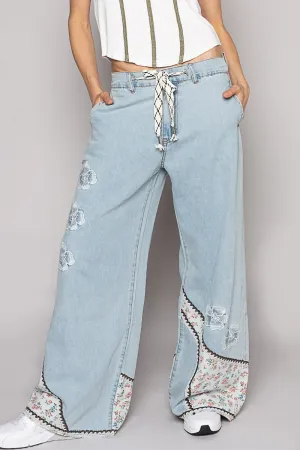 Floral Patchwork Denim Embroidery Detail Pants