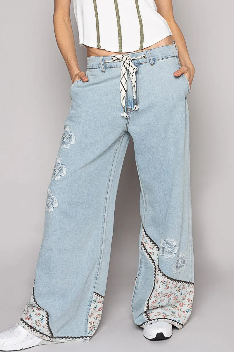 Floral Patchwork Denim Embroidery Detail Pants