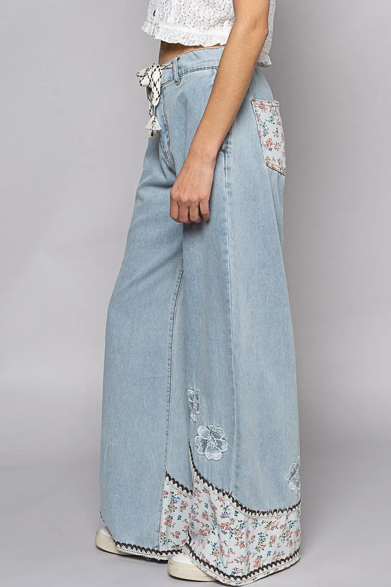 Floral Patchwork Denim Embroidery Detail Pants