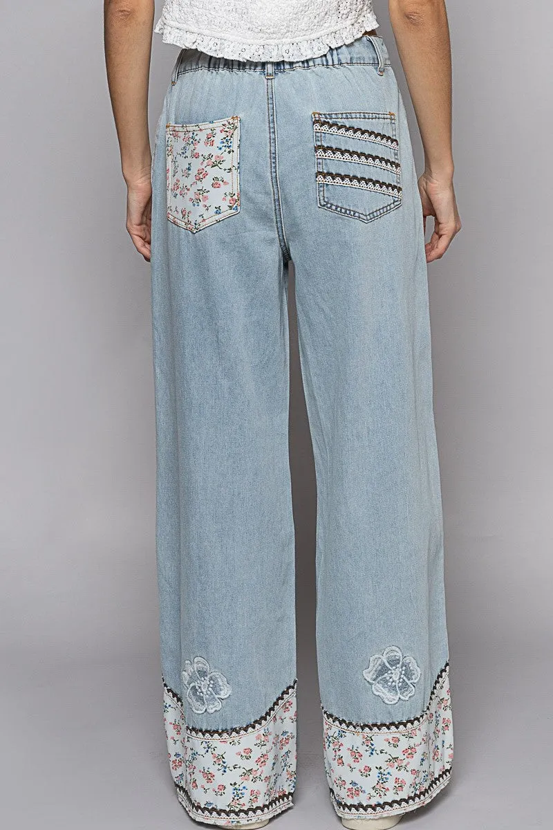 Floral Patchwork Denim Embroidery Detail Pants