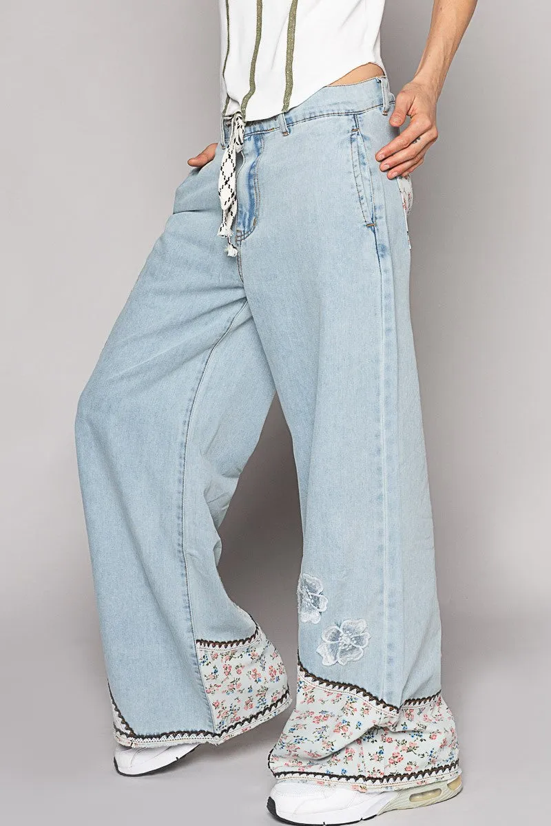 Floral Patchwork Denim Embroidery Detail Pants