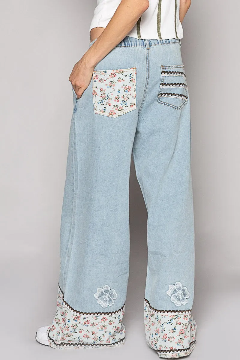 Floral Patchwork Denim Embroidery Detail Pants