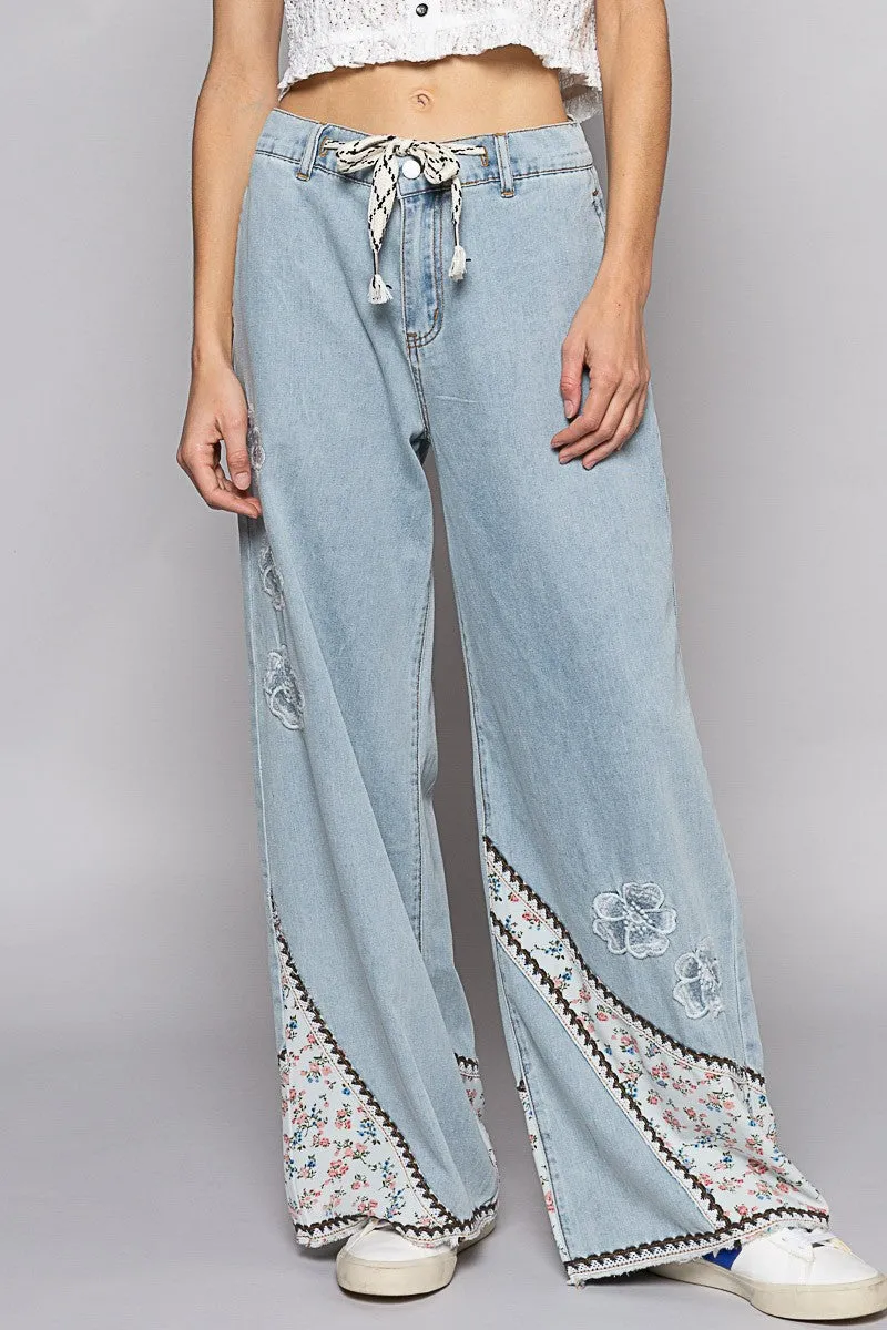 Floral Patchwork Denim Embroidery Detail Pants