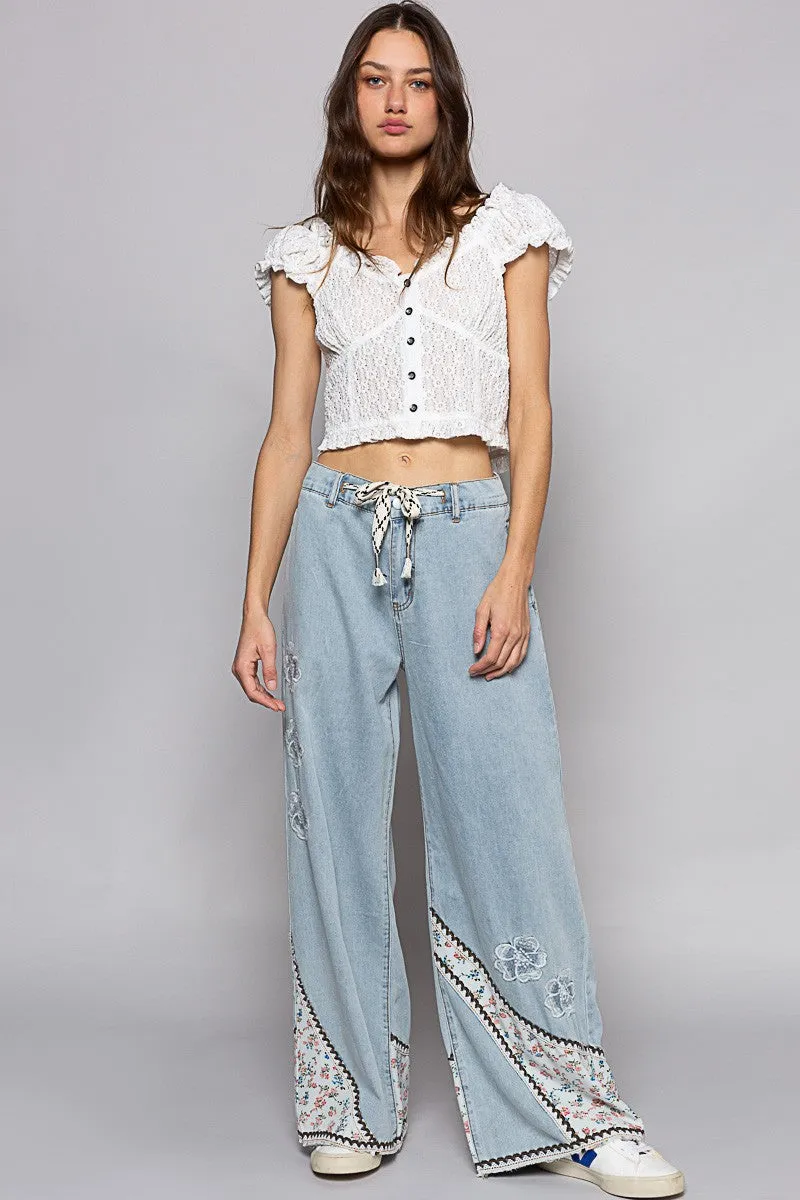 Floral Patchwork Denim Embroidery Detail Pants