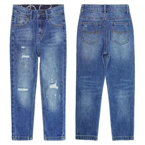 Girl Little Kid Ripped Elastic Band Inside Straight Fit Denim Jeans