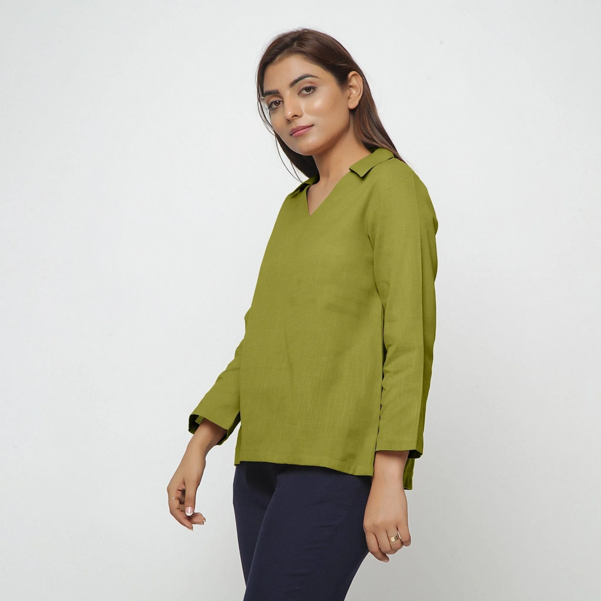 Green Flat Collar 100% Cotton Comfort Fit Top