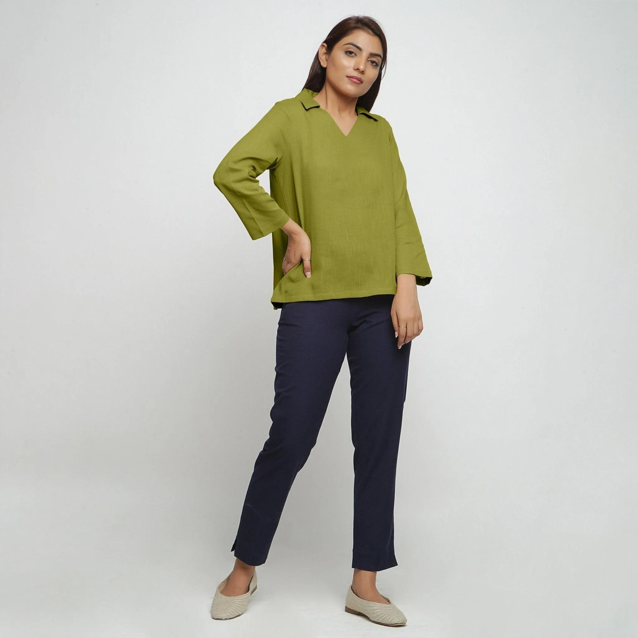 Green Flat Collar 100% Cotton Comfort Fit Top
