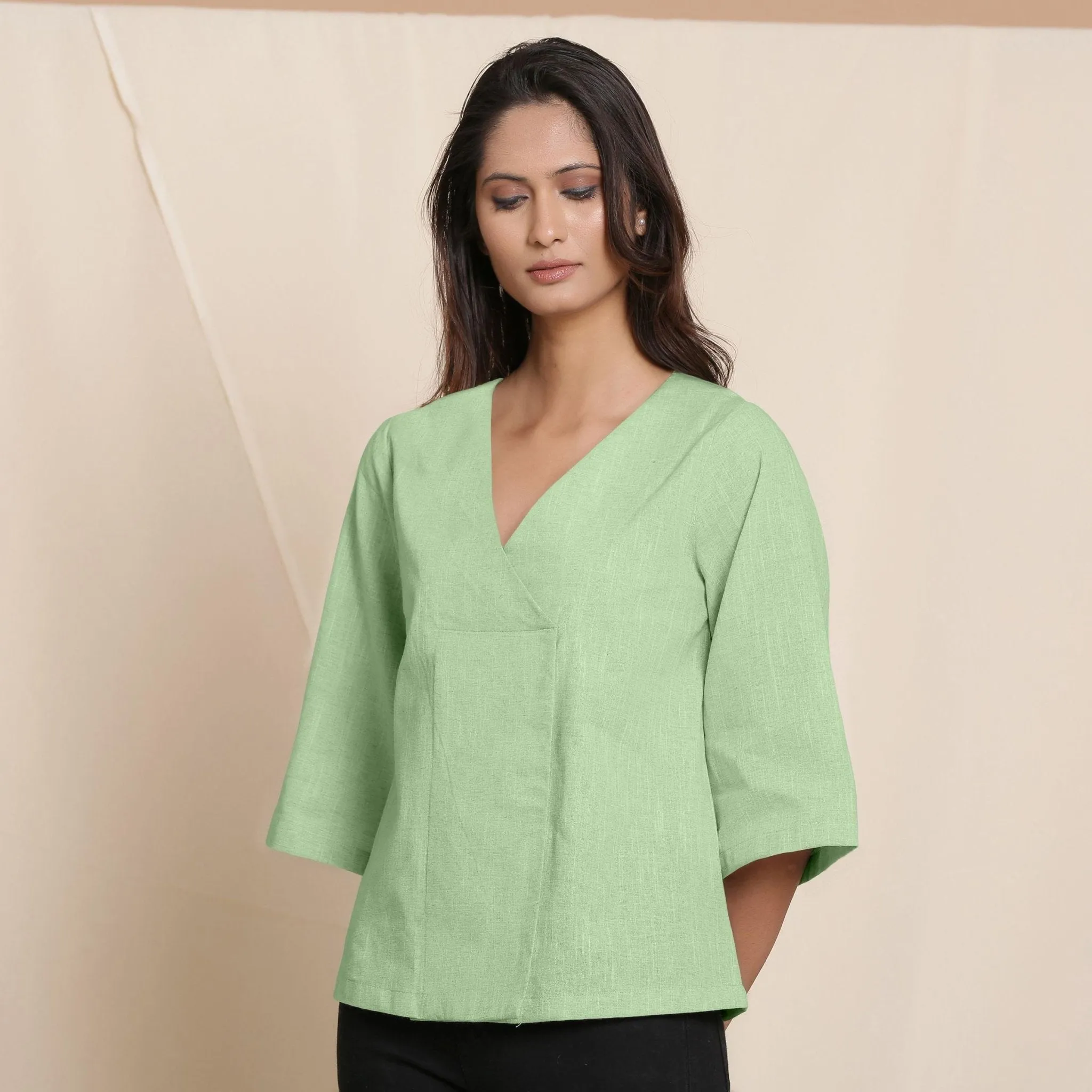 Green Yarn Dyed 100% Cotton V-Neck Loose Fit Top