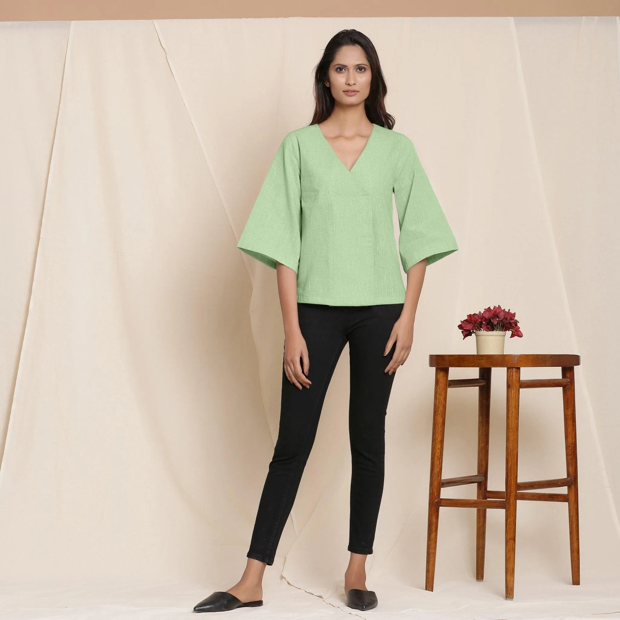 Green Yarn Dyed 100% Cotton V-Neck Loose Fit Top