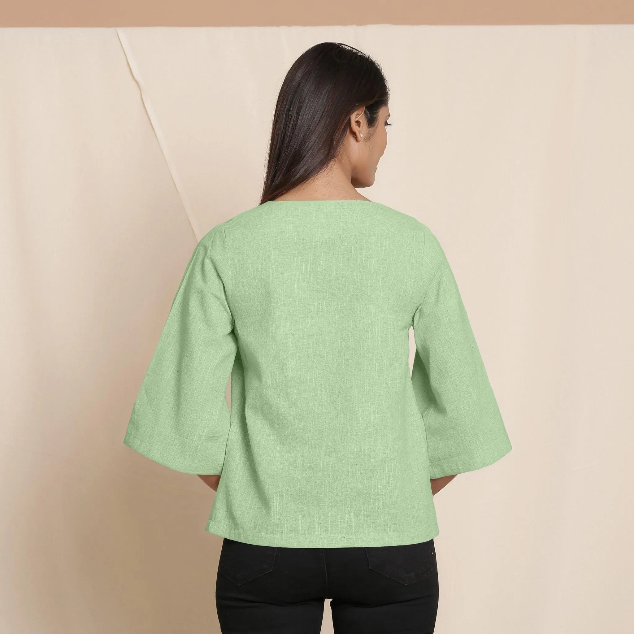 Green Yarn Dyed 100% Cotton V-Neck Loose Fit Top