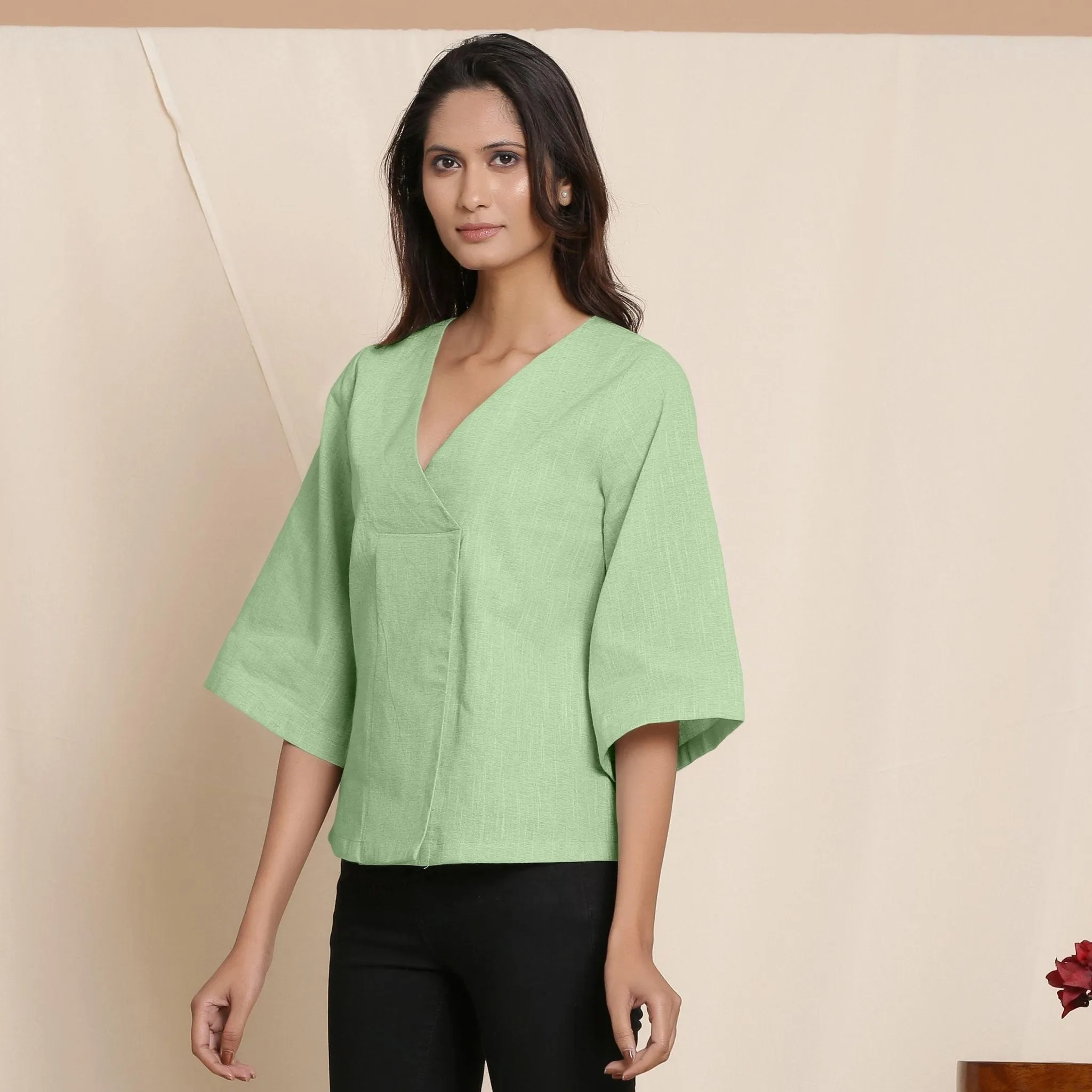 Green Yarn Dyed 100% Cotton V-Neck Loose Fit Top