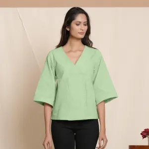 Green Yarn Dyed 100% Cotton V-Neck Loose Fit Top